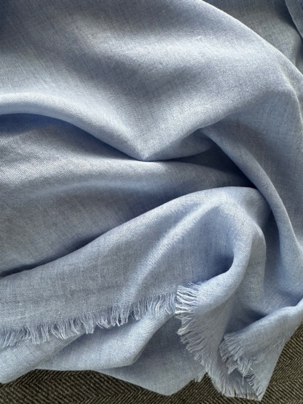 NWOT, ITALIAN, FRAYED EDGE SARONG/SCARF IN PRETTY LIGHT SKY BLUE